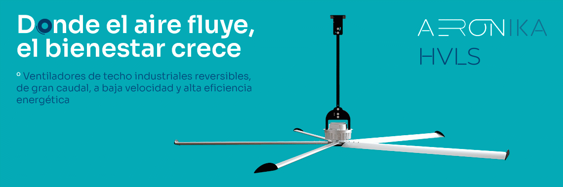 Ventiladores de techo industriales reversibles de gran caudal a baja velocidad y alta eficiencia energética