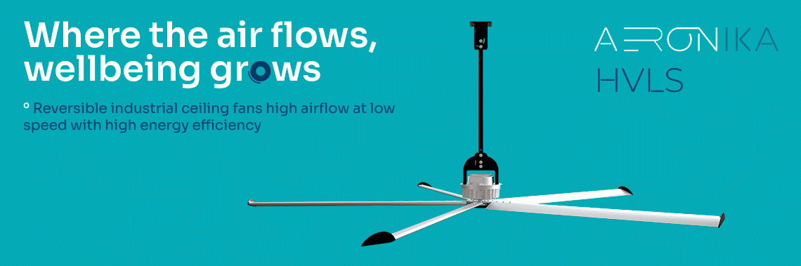 Reversible industrial ceiling fans high airflow at low speed with high energy efficiency