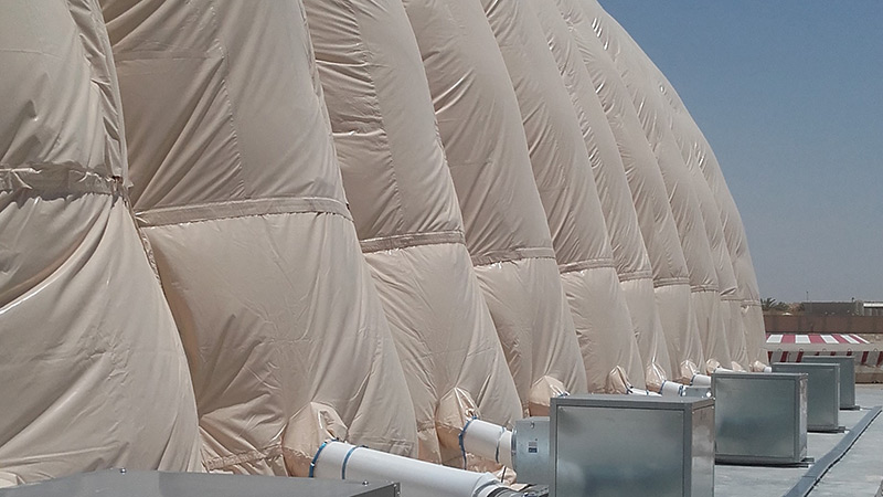 Casals fans installed in inflatable hangar in Jeddah airport in desert