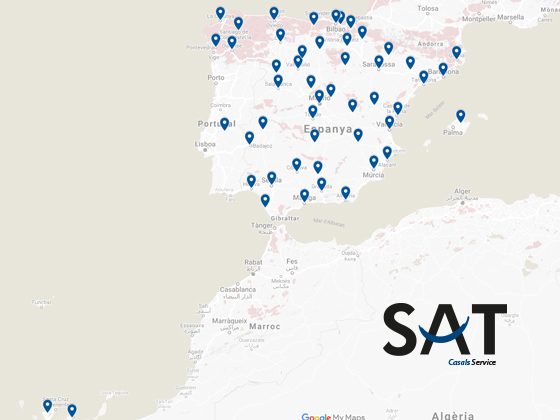 mapa de los distintos puntos SAT de Casals Ventilación en España y Portugal